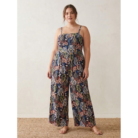 Maeve Pants - Anthropologie Maeve Tropical Palm Print Wide Leg Jumpsuit Navy Blue Floral XL